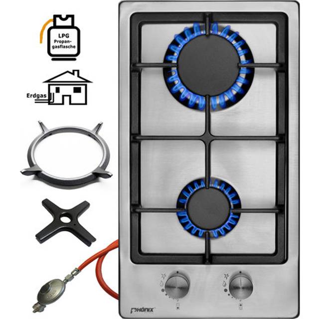 Phoenix Domino Gas Hob Stainless Steel Cooker 2 Lamps + Wok-aufsatz, Herdkreuz