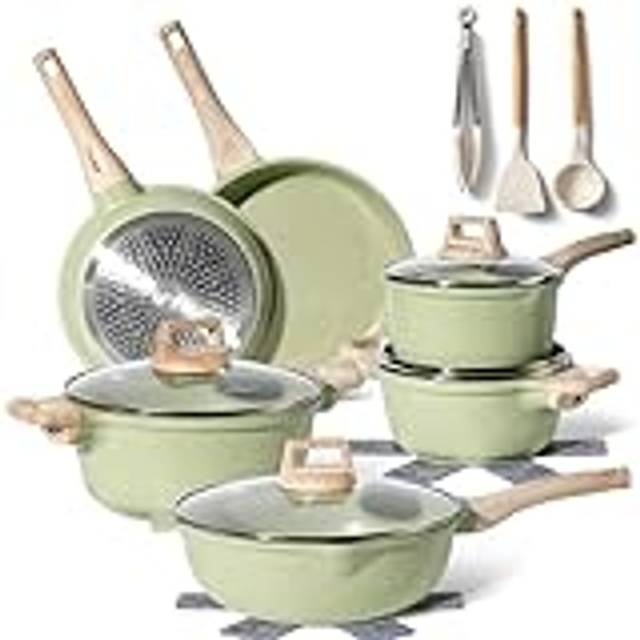 Just Perfecto Set med 21 kastruller och stekpannor, non-stick köksredskapsset, vit granit, induktion, non-stick set med stekpannor och kastruller (PFOS, PFOA-fri) (Green)