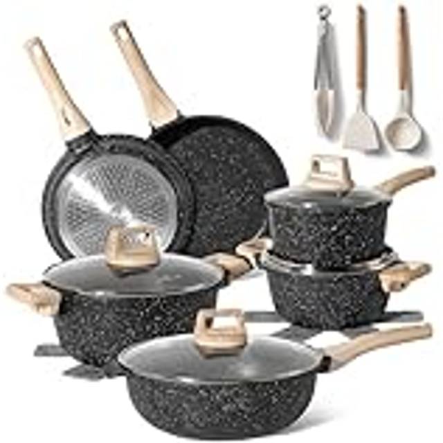 Just Perfecto Set med 21 kastruller och stekpannor, non-stick köksredskapsset, vit granit, induktion, non-stick set med stekpannor och kastruller (PFOS, PFOA-fri) (15 Pcs Black)