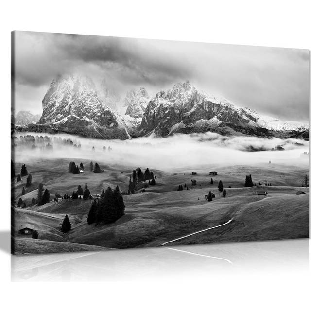 Panther Print Fine Art Prints Black & White Winter Mountains & Cottages Panorama Artistic Framed Canvas Print, Pictures For Home Walls, Bedroom, Livin (91cm H x 61cm W)