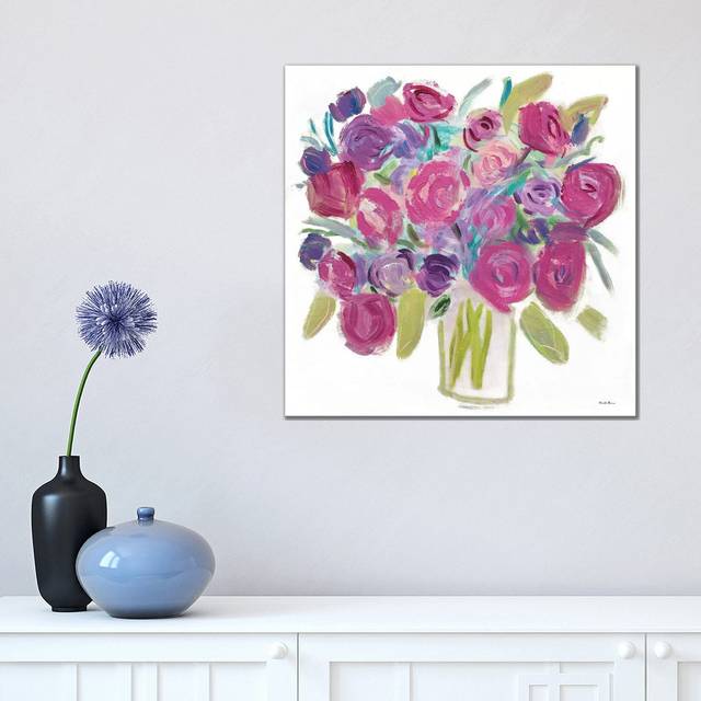 Pink Roses on White by Farida Zaman - Wrapped Canvas Painting (45.72 cm H x 45.72 cm W)