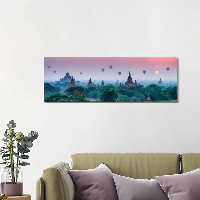 Old Temples With Hot Air Balloons At Sunrise, Bagan, Myanmar by - Wrapped Canvas Panoramic Photograph (121.92 cm H x 40.64 cm W x 1.91 cm D)