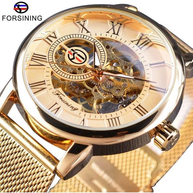(golden) Forsining Retro Fashion Design  Skeleton Sport Mechanical Watch Luminous Hands Transparent Mesh Bracelet For Men Top Brand Luxury