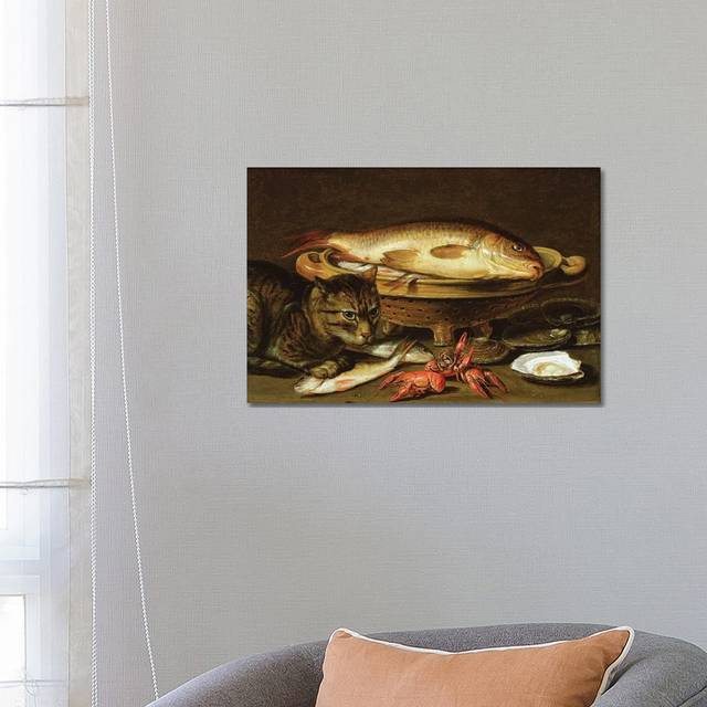 A Still Life with Carp in a Ceramic Colander, Oysters, Crayfish, Roach, and a Cat on the Ledge Beneath by Clara Peeters - Wrapped Canvas Painting (45.72cm H x 66.04cm W x 3.81cm D)