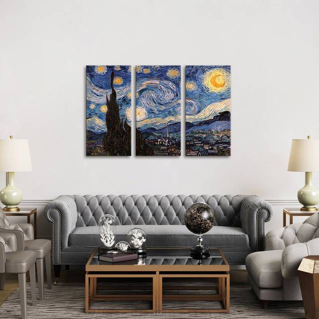 &#39;The Starry Night&#39; by Vincent Van Gogh Painting Multi-Piece Image on Wrapped Canvas (101.6cm H x 152.4cm W x 3.81cm D)