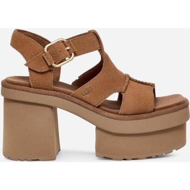 UGG® New Heights Platform T-Strap Sandal for Women in Brown, Size 9, Suede/Polyester - Chestnut