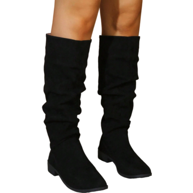 SHEIN Women&#39;s Comfortable Suede Pointed Toe Block Heel Knee High Boots, New Fashion Pleated Design For Autumn/Winter,Match With Shorts