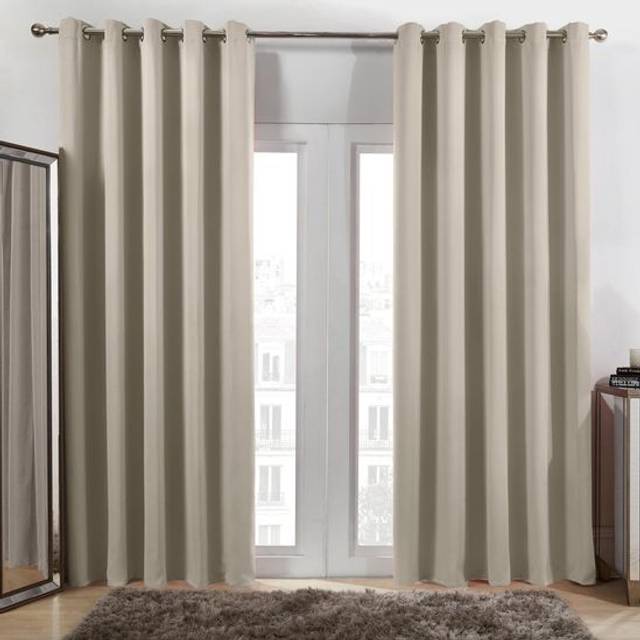 Pair of Thermal Ready Made Eyelet Blackout Curtains - Stone - 167cm width x 183cm drop