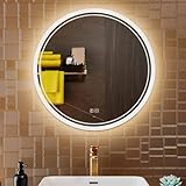 KWW Rund spegel badrum LED-upplyst spegel, upplyst dimbar anti-dimma väggmonterad sminkspegel med ljus (53 L x 63 W tum)