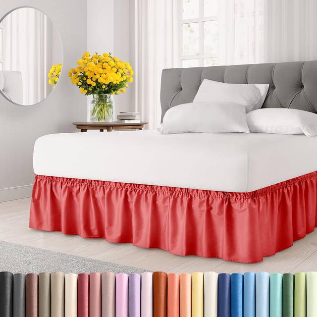 Wrap Around Dust Ruffle Bed Skirt - Red - Bed Skirt for Full Size Beds with 21 in. Drop - Easy Fit Elastic Strap - Pleated Bedskirt with Brushed Fabri