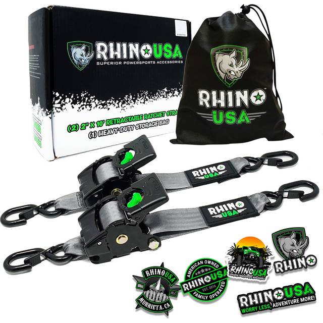 Rhino USA Retractable Ratchet Straps 2-Pack - 2 Inch x 10 Feet 3 033lb Break Strength - Heavy Duty Auto Self Retracting Tie Down Straps for Truck  Car