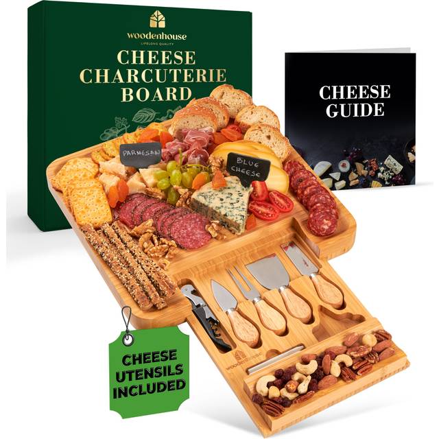 Cheese Platter and Meat Tray - Bamboo Charcuterie Board Set With Utensils and Wine Opener Included