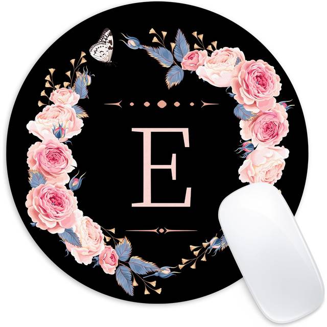 Letter E Black and Pink Flowers Round Mouse Pad Funny Small Mouse Pad with Non-Slip Rubber Base Mouse Mat Home Office Decor Desk Accessories 8.7inch R