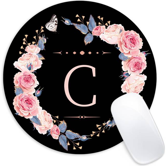 Letter C Black and Pink Flowers Round Mouse Pad Funny Small Mouse Pad with Non-Slip Rubber Base Mouse Mat Home Office Decor Desk Accessories 8.7inch R