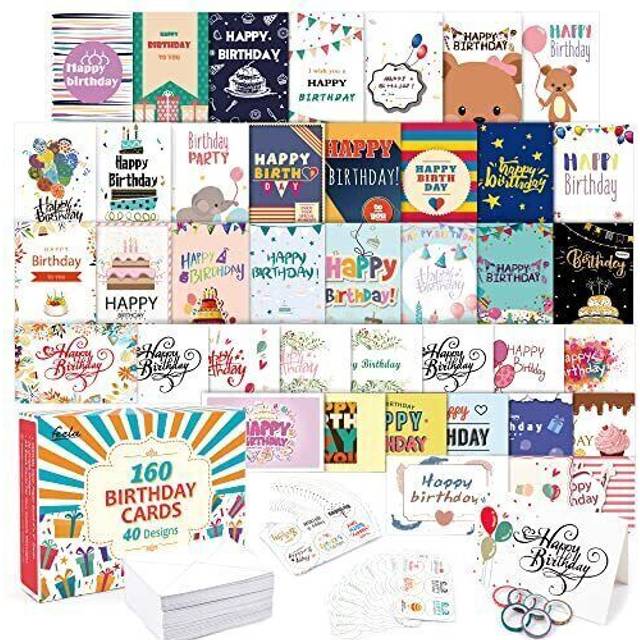 feela Birthday Cards Bulk  160 Pack 40 Designs Happy Birthday Card Assortment Box with 160 Blank Envelopes 168 Pieces of Stickers 6 Washi Tapes  4 X 6