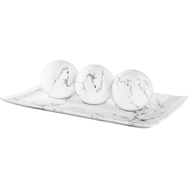 Creative Scents White Marble Look Home Decor Tray and Orb Set Coffee Table Decor for Living Room Centerpiece Table Decorations for Dining Table  Kitch
