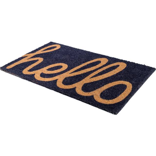 Fab Habitat Non Slip Doormat  Durable  Thin  Natural Coir  Rubber  Entryway  Front Door  Porch  Patio  Cursive Hello Blue