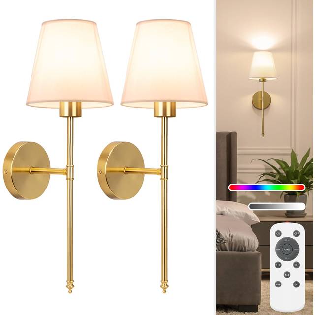NIORSUN 19.9 inch Battery Operated Wall Light, Gold Rechargeable Wall Lights Indoor with 5200mAh Dimmable Detachable Bulbs and Remote, 9 Colours Wall
