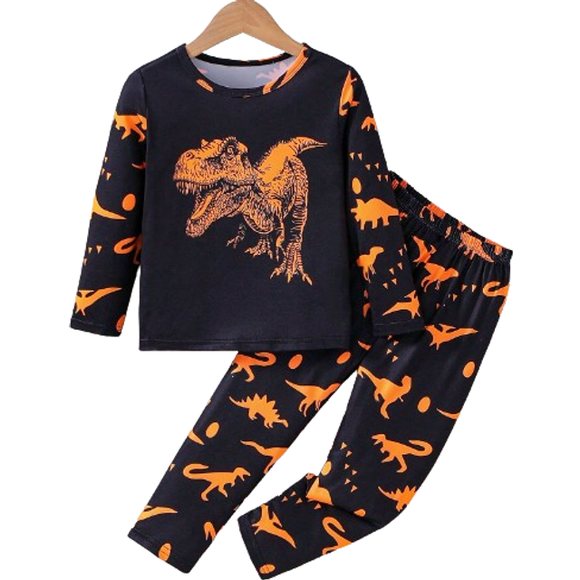 SHEIN Toddler Boys Comfortable Cartoon Dinosaur Glow-In-The-Dark Long Sleeve Top And Pants Pajama Set, Suitable For Autumn