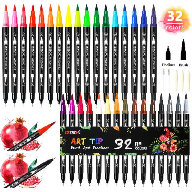 ZSCM 32 Colors Dual Tip Brush Pens Art Markers Set, Fine and Brush Tip Colored Dual Pen for Kid Adult Coloring Book Drawing Bullet Journal Planne