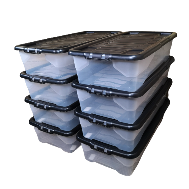 Samuel Alexander - 8 x 42L Clear Under Bed Storage Box with Black Lid, Stackable and Nestable Design Storage Solution