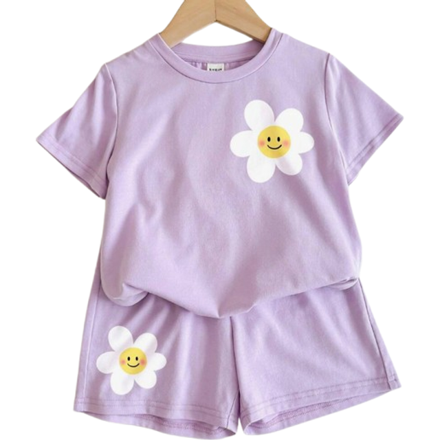 SHEIN 2pcs/Set Summer Purple Flower Print Smile Face Pattern T-Shirt And Shorts Outfit, For Young Girls SummerÂOutfits