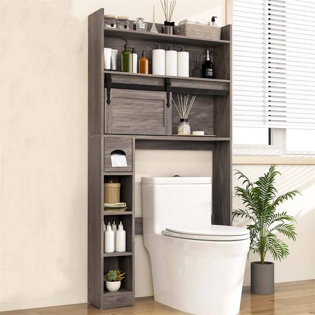Compact Bathroom Cabinet Freestanding Over The Toilet Storage - Grey (158cm H X 82cm W X 20cm D)