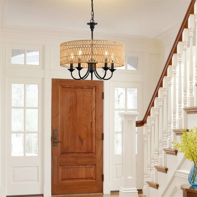 Modern Farmhouse Bohemian Chandeliers, 5 Light Large Rattan Chandeliers With Hand Woven Wicker Shades, - Natural