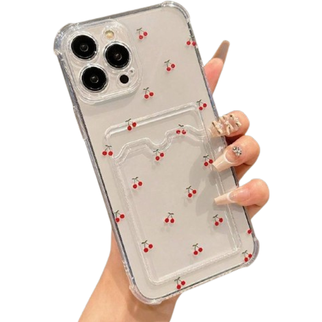 SHEIN Apple Cherry Pattern TPU Transparent Phone Case With Card Slot, Compatible With Iphone 11/12/13/14/12 Pro Max/14 Pro/15/X/XR/7/8Plus