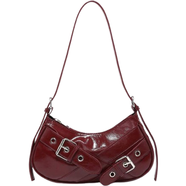 SHEIN 1pc Vintage Wine Red Patent Leather Y2K Gothic Style Shoulder Bag With Rivet Decoration For Women, Suitable For Daily Use And Travel, Tready Crescent