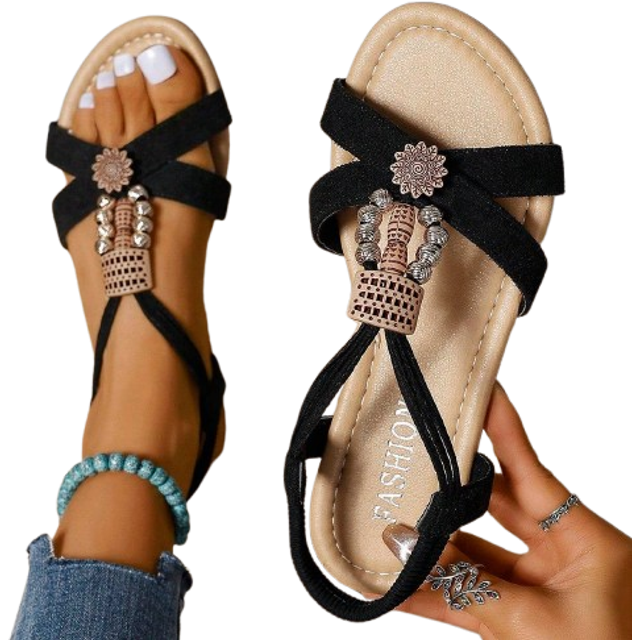 Women's Vacation Summer Sandaler med platt pärlband, Fashionabla, Sommar, Retro, Bohemian, Svart (EUR36,EUR37,EUR38,EUR39,EUR40,EUR41,EUR42,EUR43)