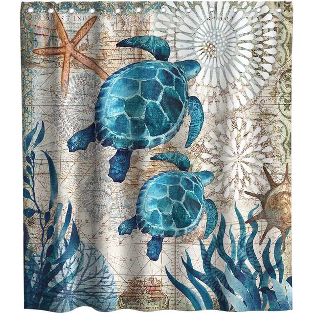 Final Friday nautiska gröna havssköldpaddor strandtema tyg duschdraperi set badrum blå havsdekor med öljetter och krokar - 183 x 183 cm blågrön