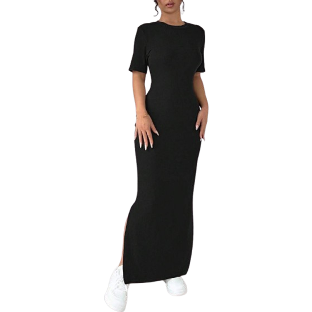 Chiquease Women V-Neck Split Hem Solid Color Short Sleeve Dress Maxi Women Outfit