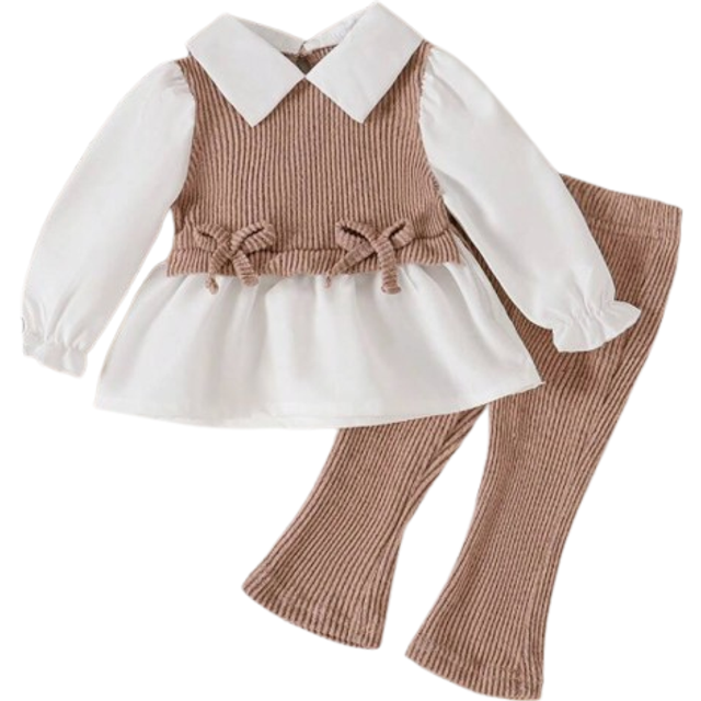 SHEIN Baby Girl Bow Decor Long Sleeve 2 In 1 Top And Flared Pants Cute Outfit, Autumn