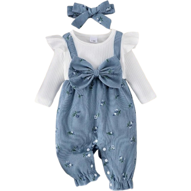 SHEIN 3pcs/Set Baby Girls&#39; Casual 2 In 1 Solid & Ribbed Patchwork, Bow Decor, Ditsy Floral Jumpsuit With Headband Set, Spring/Autumn
