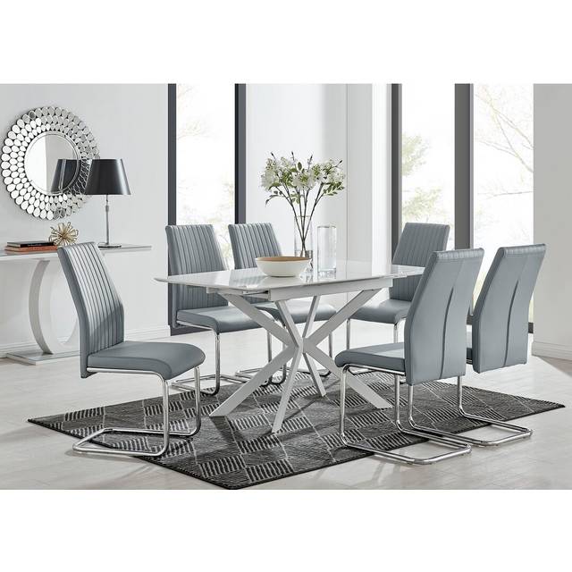 Eubanks Modern High Gloss Extendable Dining Table Set with x6 Luxury Faux Leather Dining Chairs - Mustard (76cm H x 120cm L x 80cm W)