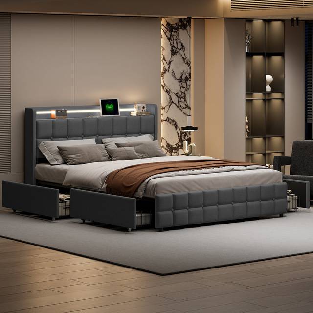 Upholstered Bed With LED Lights And 4 Drawers - Grey (European Kingsize (160 x 200 cm))
