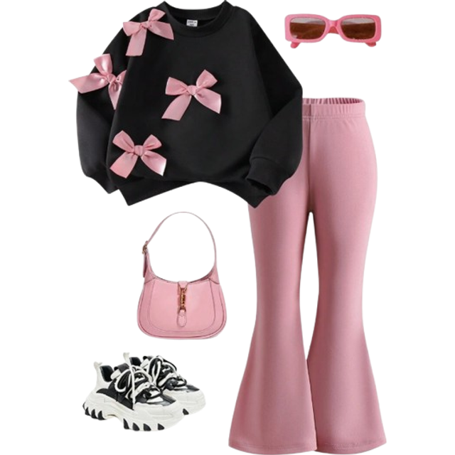 SHEIN Young Girls Solid Color Bow Sweatshirt & Flared Pants 2 Pieces Set, Sweet And Cute Outfit For Autumn, Outdoor, Travel, Casual