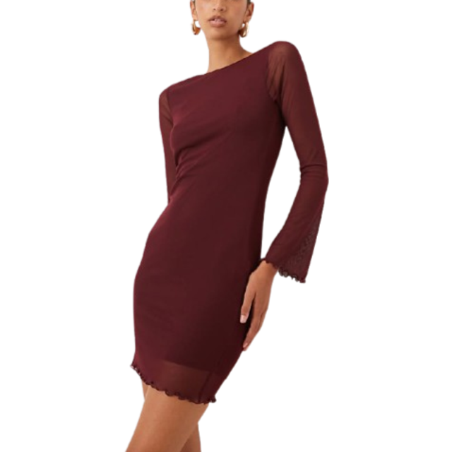 New Look Women's Burgundy Bell Sleeve Mesh Mini Dress - UK 12