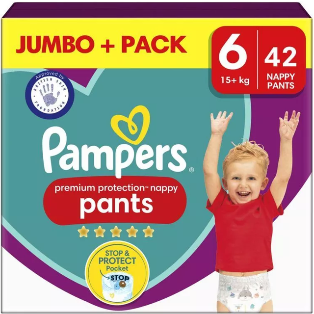 Pampers Premium Protection Nappy Pants Size 6, 42 Nappies, 15kg+, Jumbo+ Pack