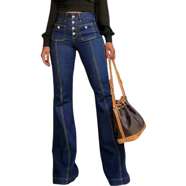SHEIN European And American Style New Mid-Waist Skinny Pocket Multi-Button Women&#39;s Jeans Flared Pants