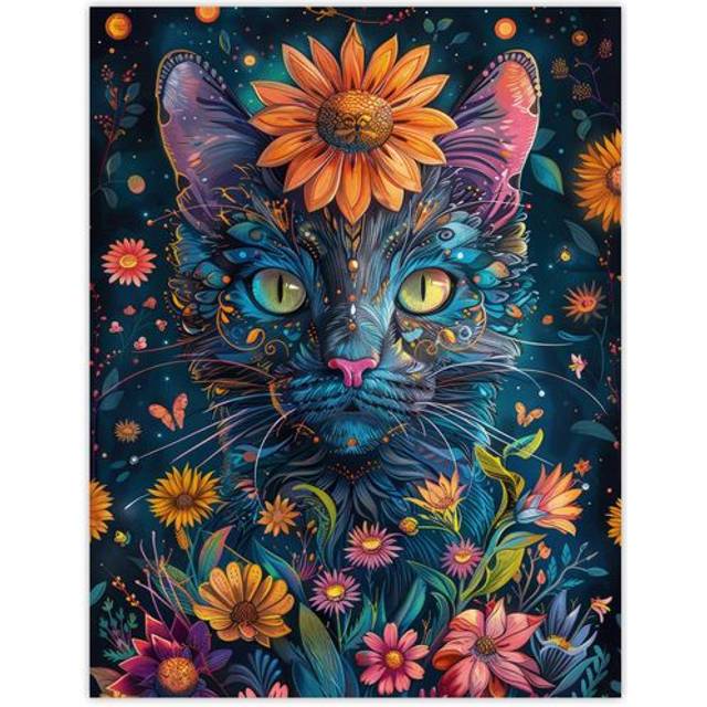 Wall Art Print Mystic Cat in Flowers Hippy Night Abstract Animal Poster - Multi - W24 inch x H32 inch