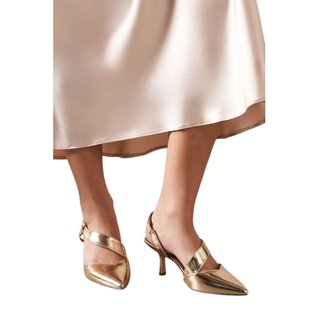 Womens Evelyn Asymmetric Slingback Kitten Heel Court Shoes - Gold - 8