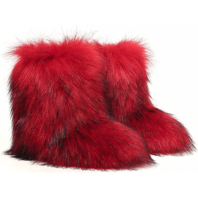 SHEIN Women Fluffy Fluffy Snow Boots, Fashion Flat Mid-Calf Boots, Red