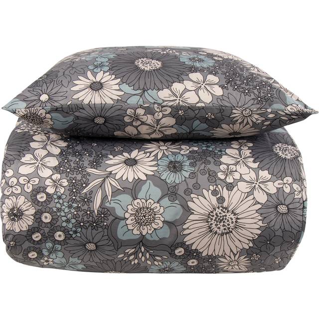 Dubbelt påslakanset 200x220 cm - Svartblommiga sängkläder - Borg Living dubbelt påslakan i polycotton - Svart/Grå (200x220 cm)