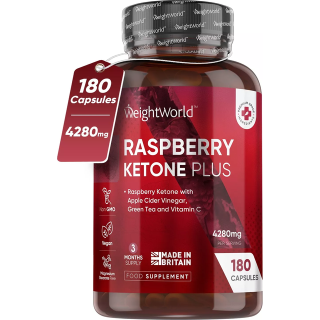 Raspberry Ketone Plus - 4280 mg per portion - 180 veganska kapslar med C-vitamin, grönt te-extrakt, äppelcidervinäger och äppelpektinpulver - 3 månaders leverans - Raspberry Ketone Plus - WeightWorld