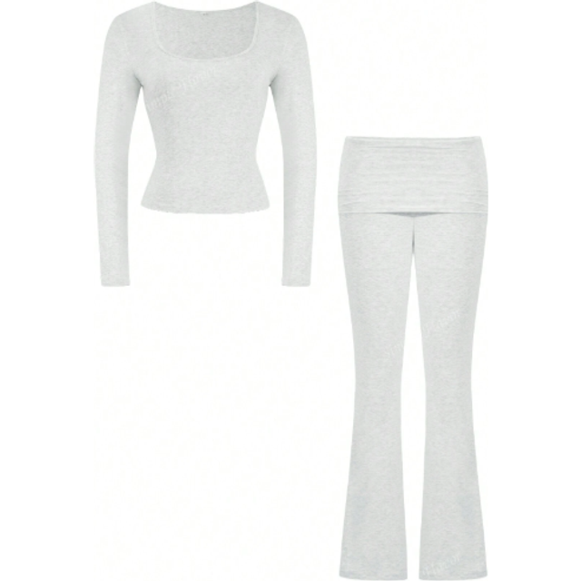 SHEIN 2pcs/Set Women Fitted Sexy Solid Color Square Neck Long Sleeve Top And Long Pants Set