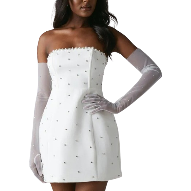 Hotfix Diamante Bandeau Bridal Mini Dress - Ivory - 18