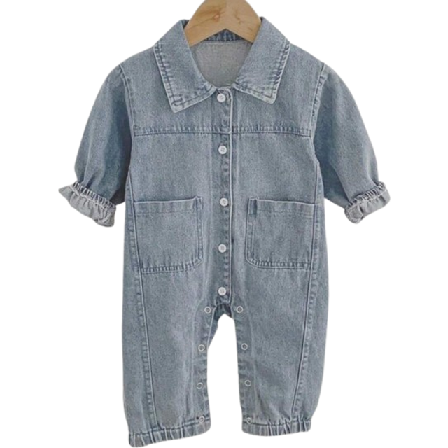 SHEIN New Spring Autumn Baby Outfit 0-3 Years Unisex Loose Big Board Denim Jumpsuits, Neutral Infant Toddler Long Pants Rompers With Bear Embroidery, Turndo
