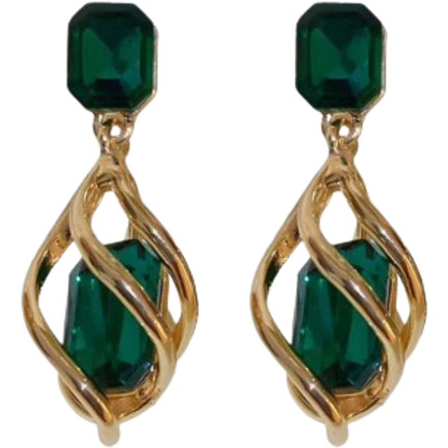 Dellgoo 2pcs Geometric Green Gemstone & Diamond Drop Earrings For Women